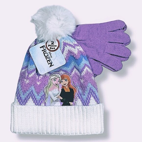 Disney Frozen Kids Winter Pom Hat Gloves Set Fair Isle Knit Purple White - Picture 1 of 16